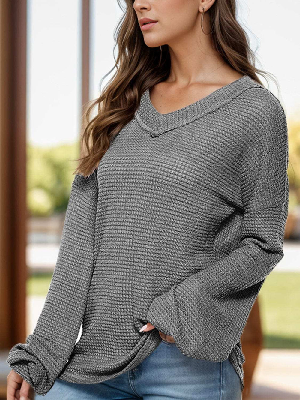 Dropped Shoulder Long Sleeve Knit Top - Trendsi - Flyclothing LLC