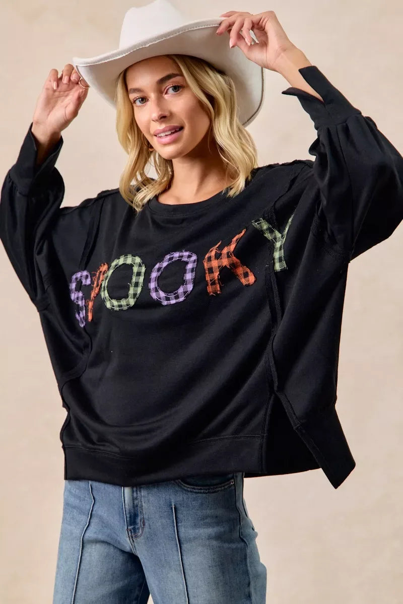 BiBi Spook Plaid Letter Print Oversized Sweatshirt - Trendsi - Flyclothing LLC