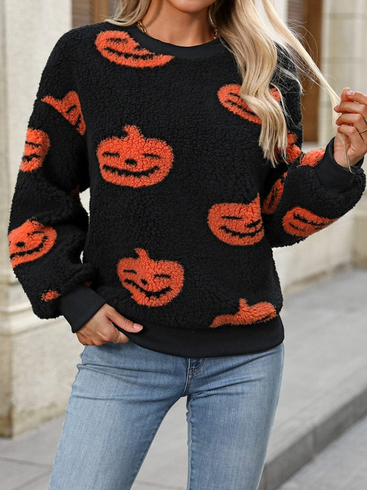 Fuzzy Pumpkin Round Neck Dropped Shoulder Sweater - Trendsi