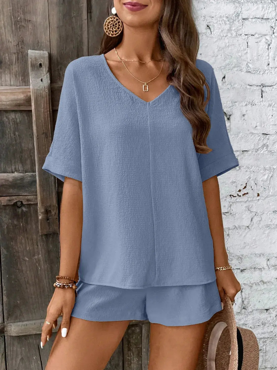 V-Neck Half Sleeve Top and Shorts Set - Trendsi - Flyclothing LLC