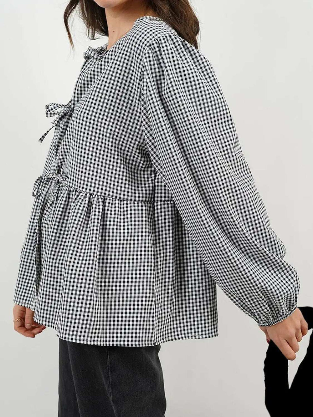 Tied Round Neck Long Sleeve Blouse - Trendsi - Flyclothing LLC