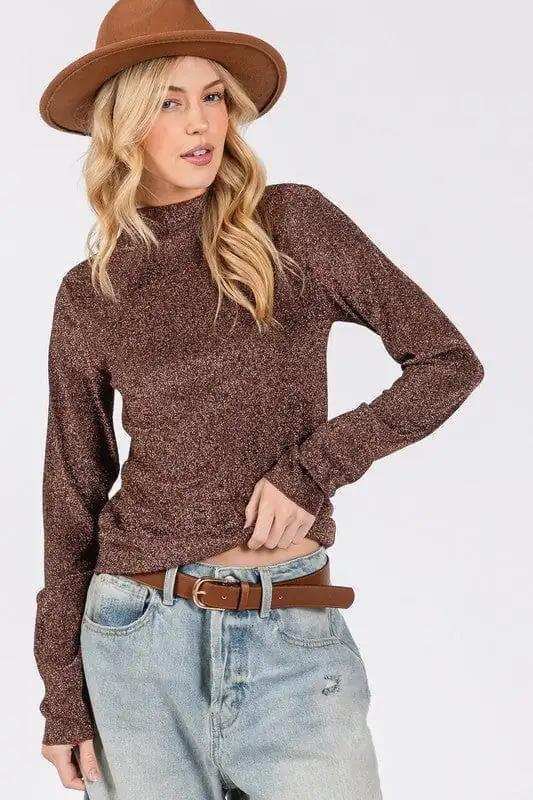 SAGE + FIG Glitter Mock Neck Lettuce Hem Long Sleeve Top - Trendsi - Flyclothing LLC