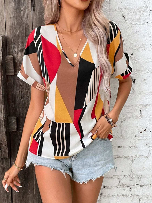 Printed V-Neck Short Sleeve Blouse - Trendsi - Flyclothing LLC