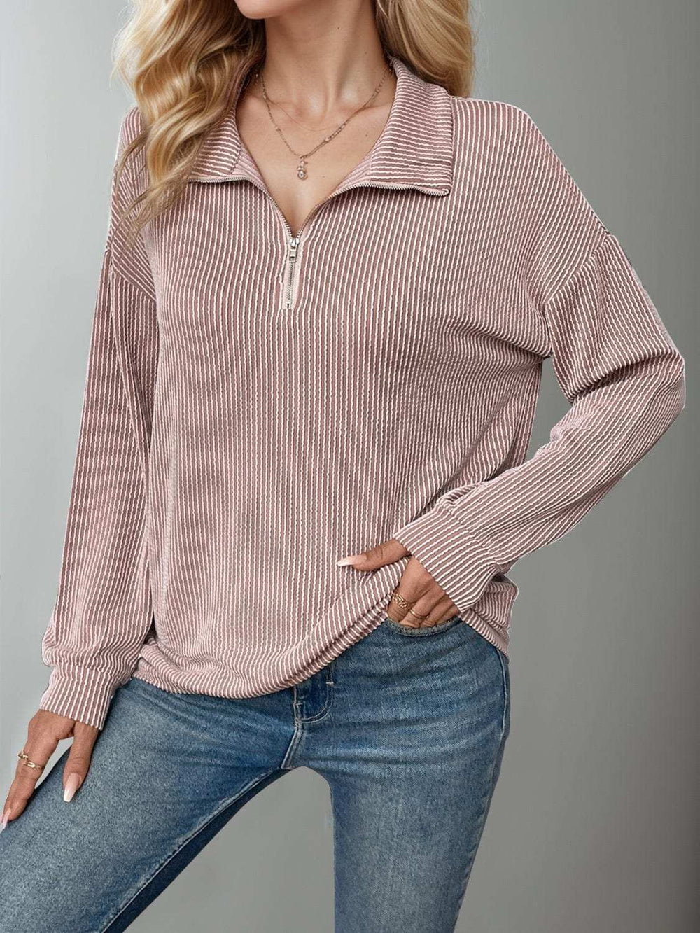 Double Take Striped Half Zip Long Sleeve T-Shirt - Trendsi - Flyclothing LLC