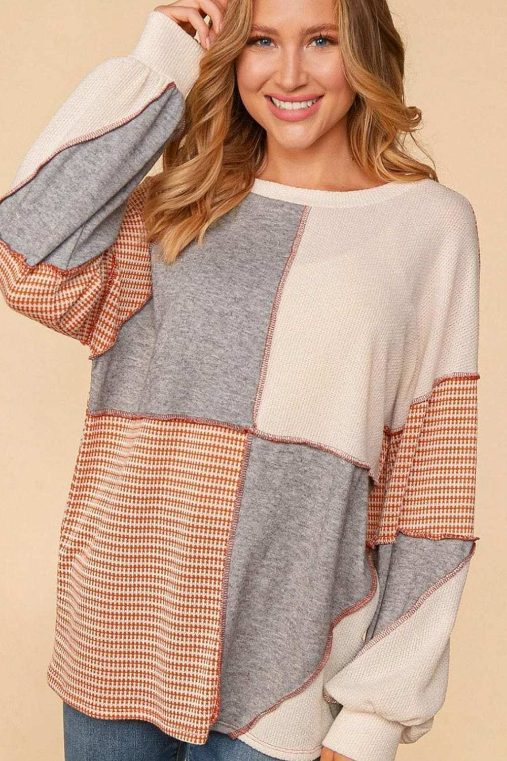 Exposed Seam Color Block Round Neck Top - Trendsi - Flyclothing LLC