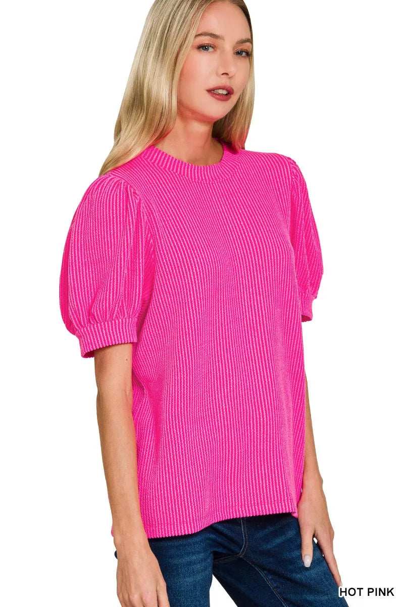 Zenana Raised Rib Puff Sleeve Top - Trendsi - Flyclothing LLC