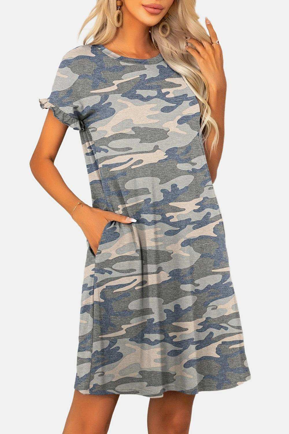 Flounce Sleeve Round Neck Dress with Pockets - Trendsi - Flyclothing LLC