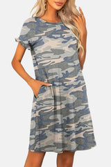 Flounce Sleeve Round Neck Dress with Pockets - Trendsi