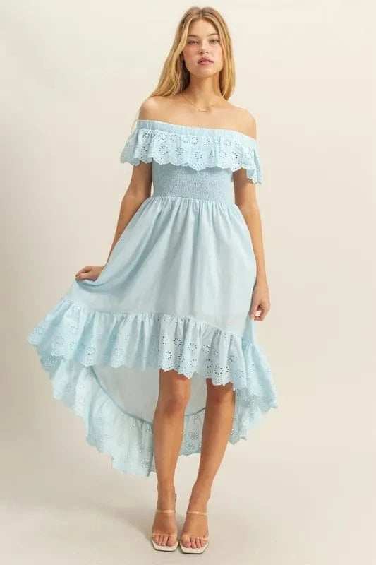 HYFVE High-Low Eyelet Ruffled Off-Shoulder Dress - Trendsi - Flyclothing LLC