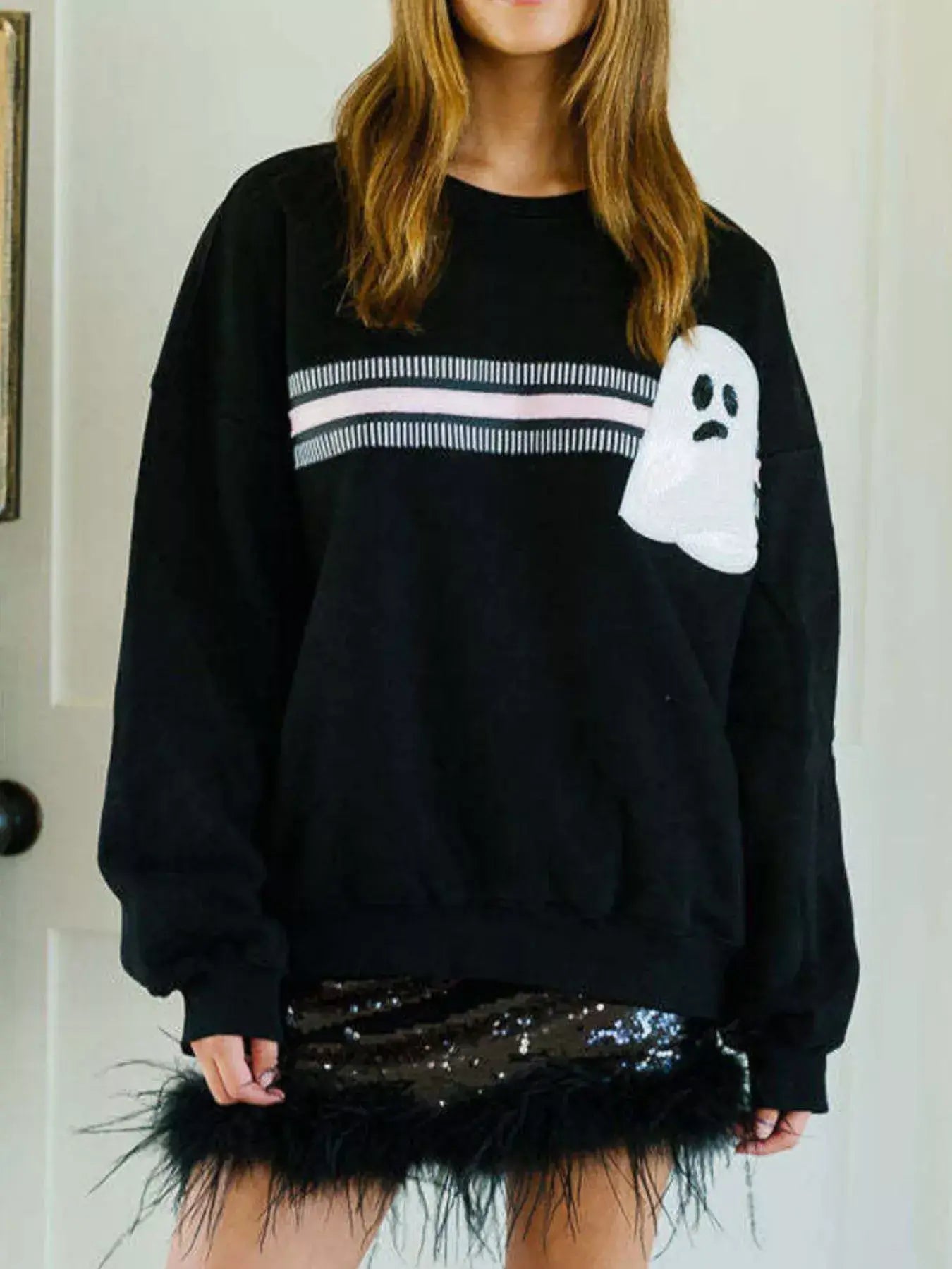 Halloween Sequin Round Neck Sweatshirt - Trendsi - Flyclothing LLC