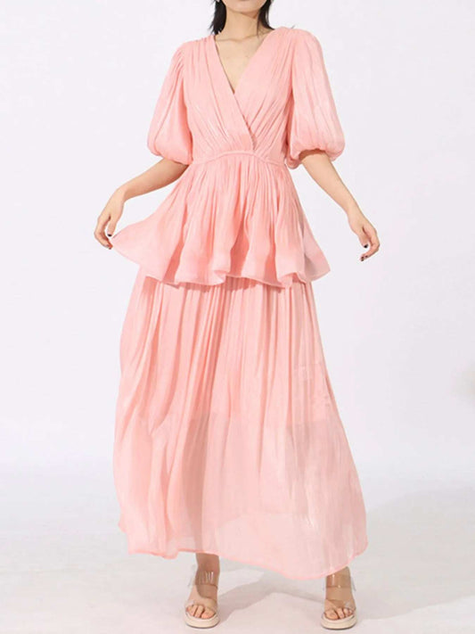 Layered Surplice Puff Sleeve Maxi Dress - Trendsi - Flyclothing LLC