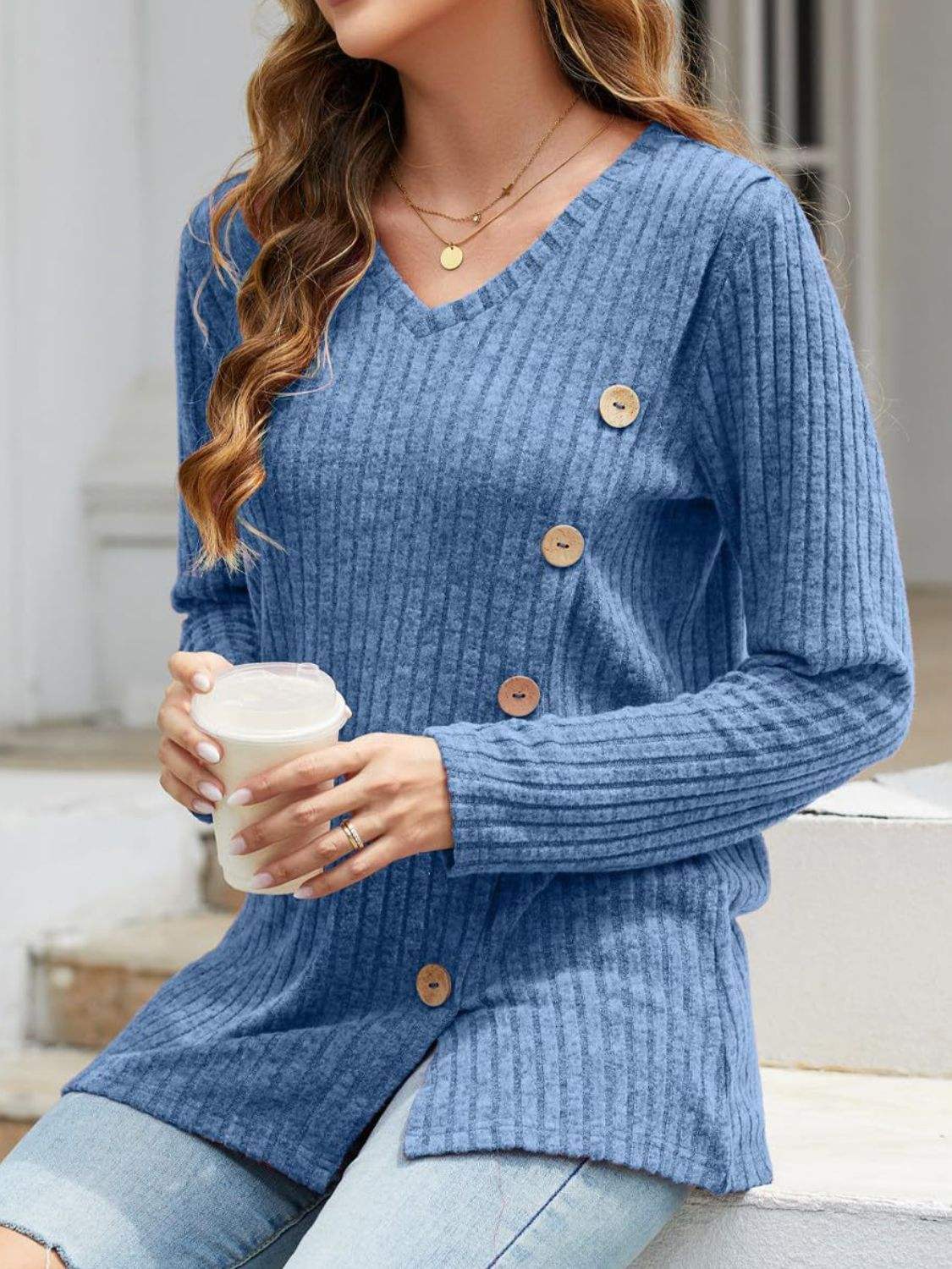 V-Neck Long Sleeve T-Shirt - Trendsi - Flyclothing LLC