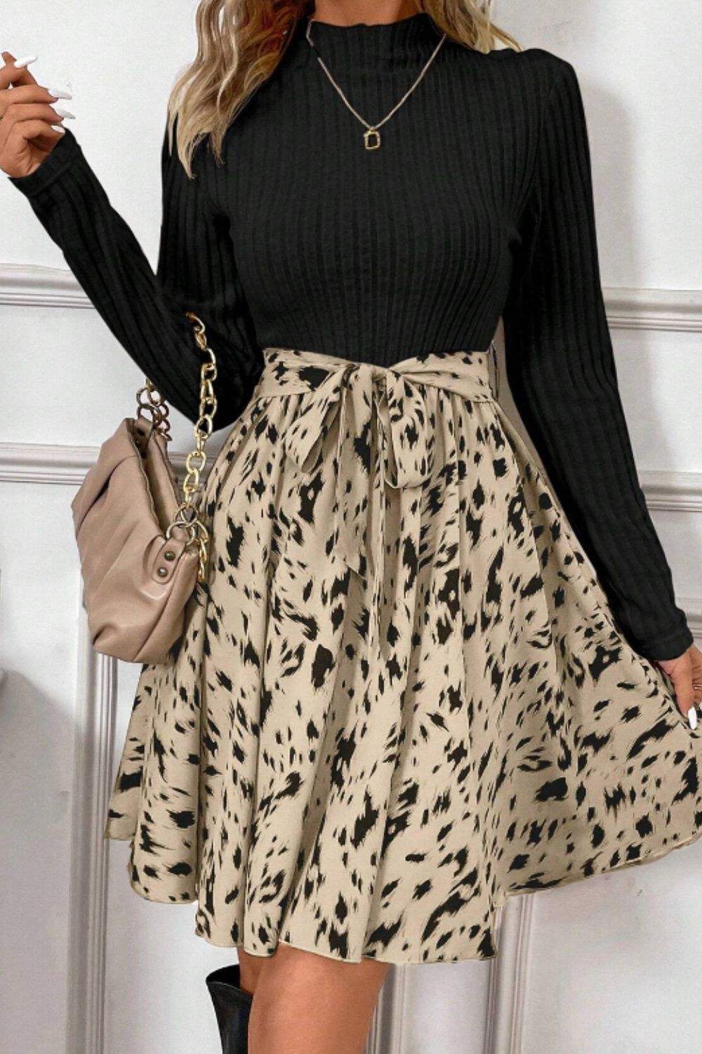 Printed Tie Waist Mock Neck Long Sleeve Dress - Trendsi - Flyclothing LLC