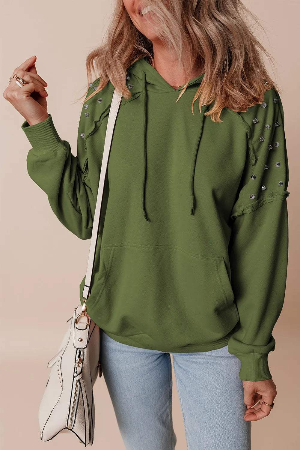 Rivet Drawstring Long Sleeve Hoodie - Trendsi - Flyclothing LLC
