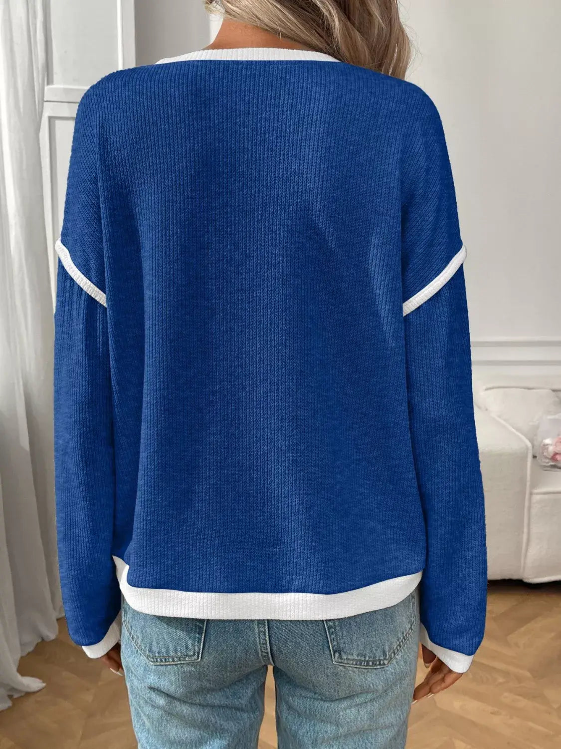 Ribbed Knit Contrast Trim Sweater - Trendsi - Flyclothing LLC