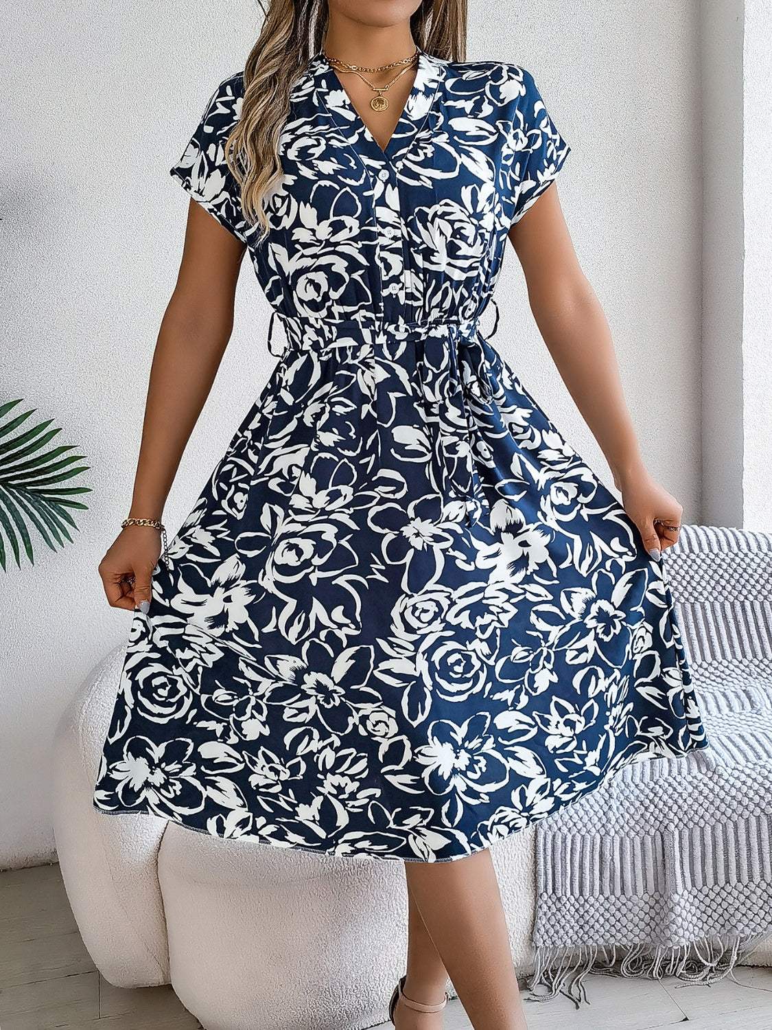 Printed V-Neck Short Sleeve Dress - Trendsi - Flyclothing LLC