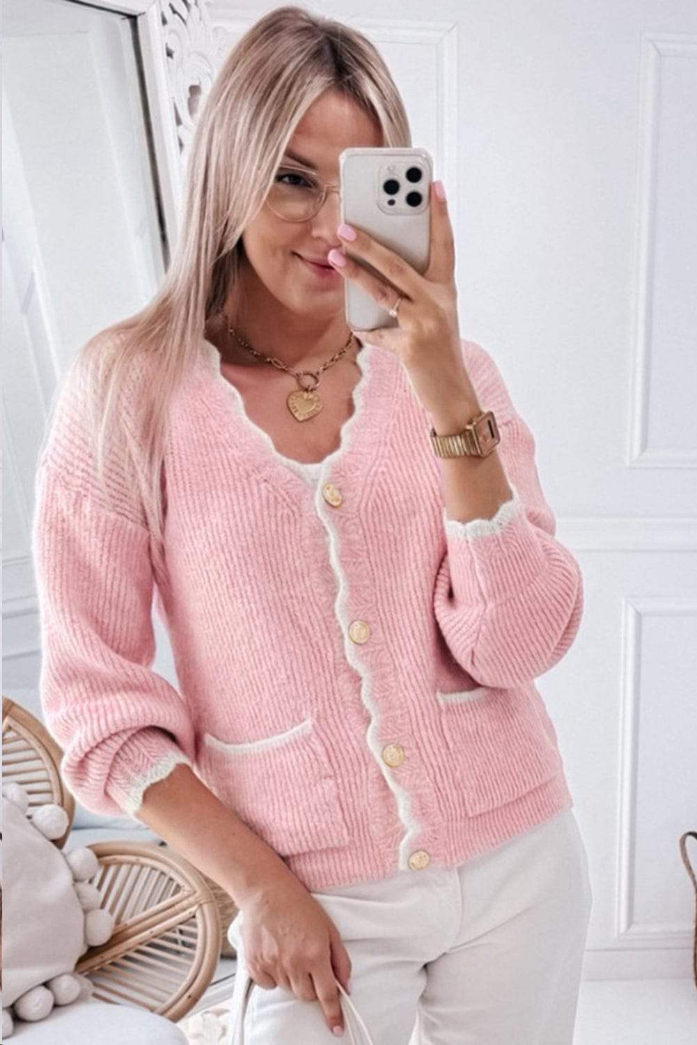 Contrast Trim V-Neck Long Sleeve Cardigan - Trendsi - Flyclothing LLC