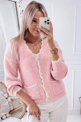 Contrast Trim V-Neck Long Sleeve Cardigan - Trendsi - Flyclothing LLC