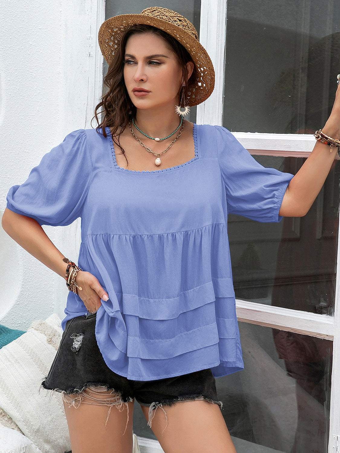 Plus Size Square Neck Half Sleeve Blouse - Trendsi - Flyclothing LLC