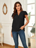 Swiss Dot Notched Cap Sleeve Blouse - Trendsi - Flyclothing LLC