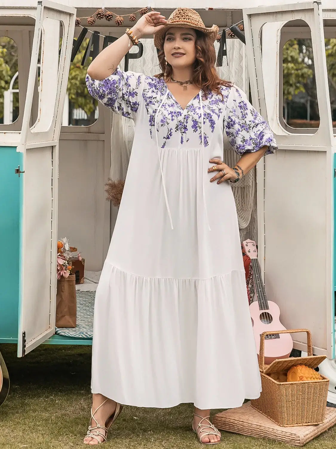 Plus Size Printed Tie Neck Half Sleeve Maxi Dress - Trendsi - Flyclothing LLC
