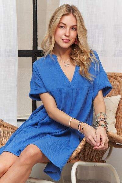 ADORA Tiered Notched Short Sleeve Dress - Trendsi - Flyclothing LLC