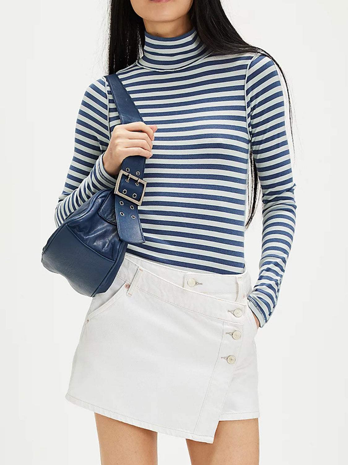 Exposed Seam Striped Turtleneck Long Sleeve T-Shirt - Trendsi - Flyclothing LLC