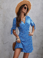 Honey Printed Surplice Short Sleeve Mini Dress - Trendsi