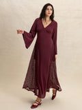 Lace Patchwork V-Neck Long Sleeve Midi Dress - Trendsi