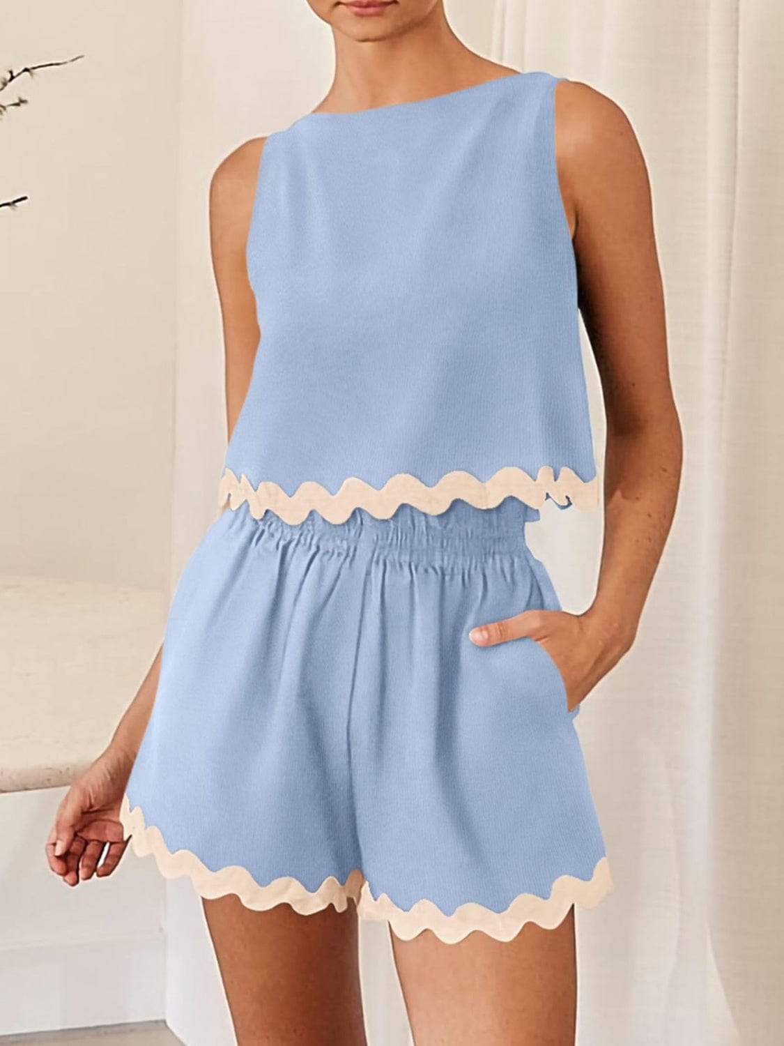 Contrast Trim Round Neck Top and Shorts Set - Trendsi - Flyclothing LLC