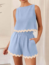 Contrast Trim Round Neck Top and Shorts Set - Trendsi - Flyclothing LLC