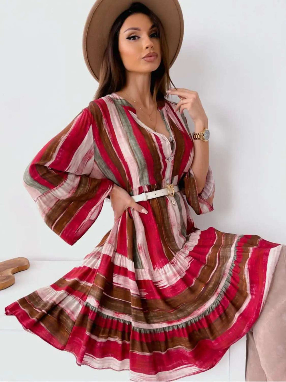Buttoned Striped Long Sleeve Mini Dress - Trendsi - Flyclothing LLC