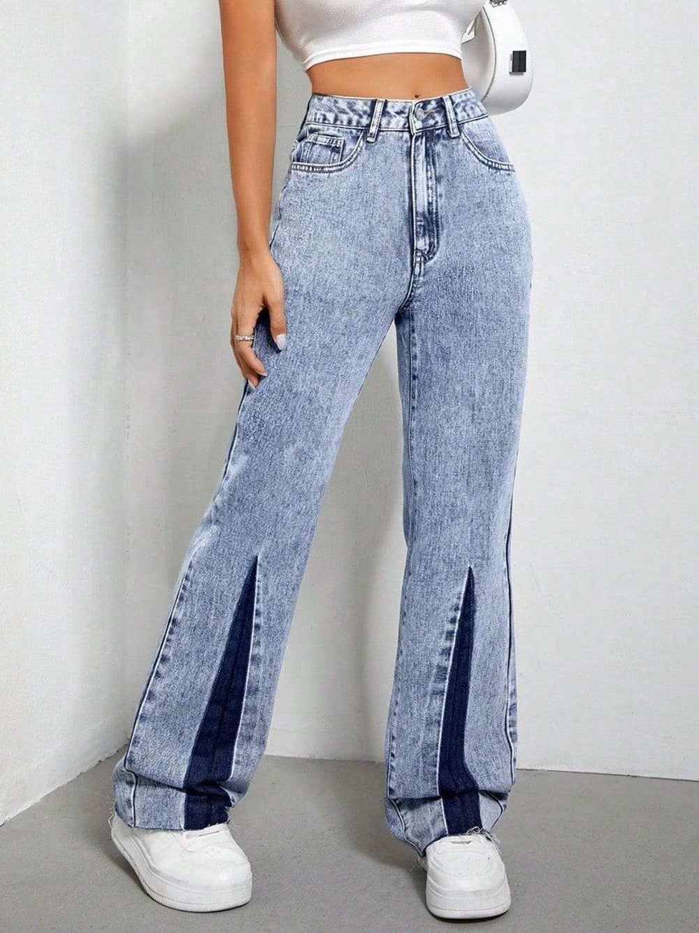 Contrast Bootcut Jeans with Pockets - Trendsi - Flyclothing LLC