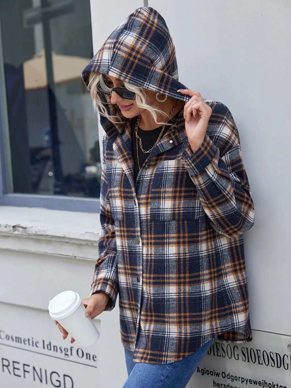 Plaid Button Up Long Sleeve Hooded Jacket - Trendsi - Flyclothing LLC