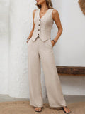 V-Neck Button Down Vest and Wide Leg Pants Set - Trendsi