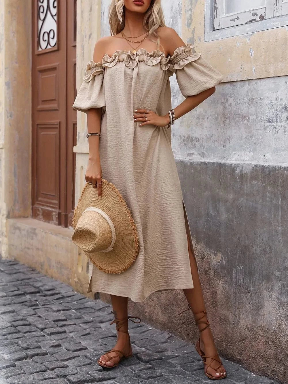 Ruffled Off-Shoulder Puff Sleeve Midi Dress - Trendsi