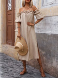 Ruffled Off-Shoulder Puff Sleeve Midi Dress - Trendsi