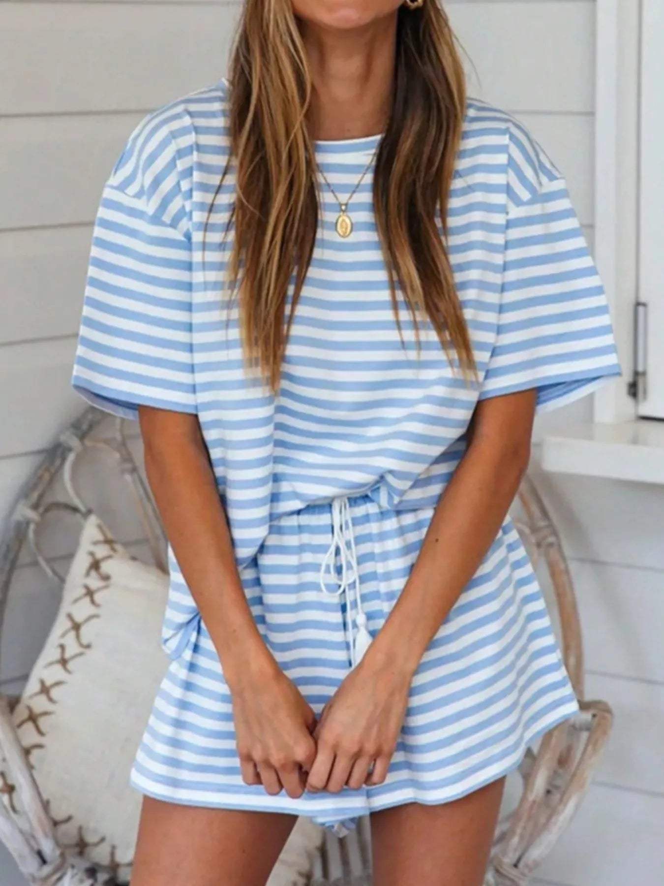 Striped Short Sleeve Tee and Drawstring Shorts Set - Trendsi - Flyclothing LLC