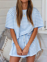 Striped Short Sleeve Tee and Drawstring Shorts Set - Trendsi - Flyclothing LLC