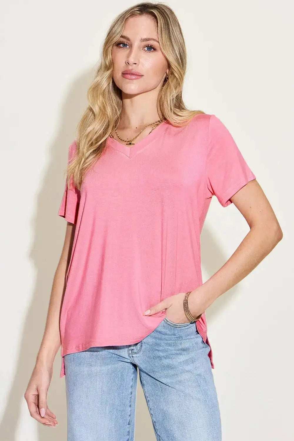 Basic Bae Full Size V-Neck High-Low T-Shirt - Trendsi - Flyclothing LLC