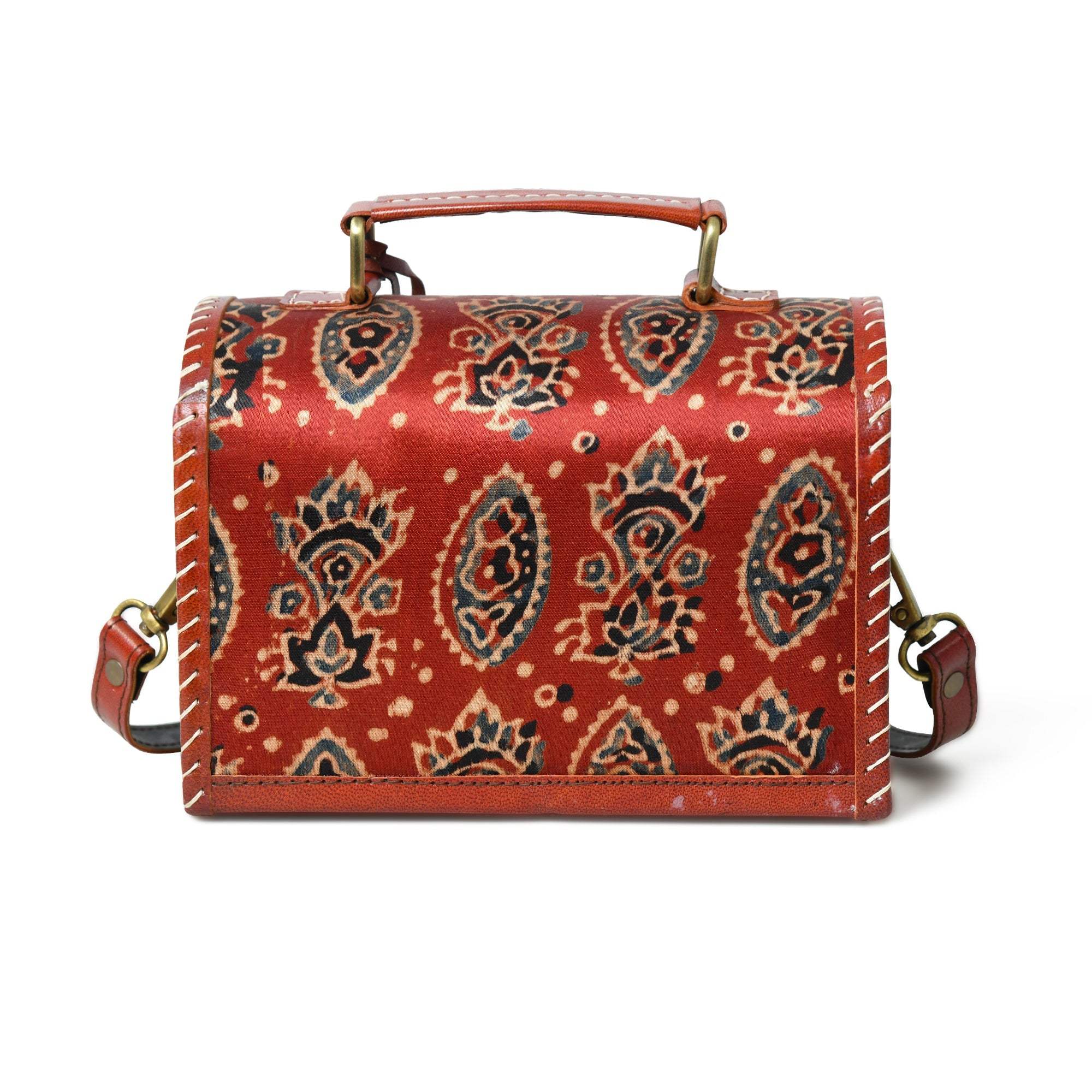 Maroon Mystique Ajrakh Satchel Purse - Classy Leather Bags - Flyclothing LLC