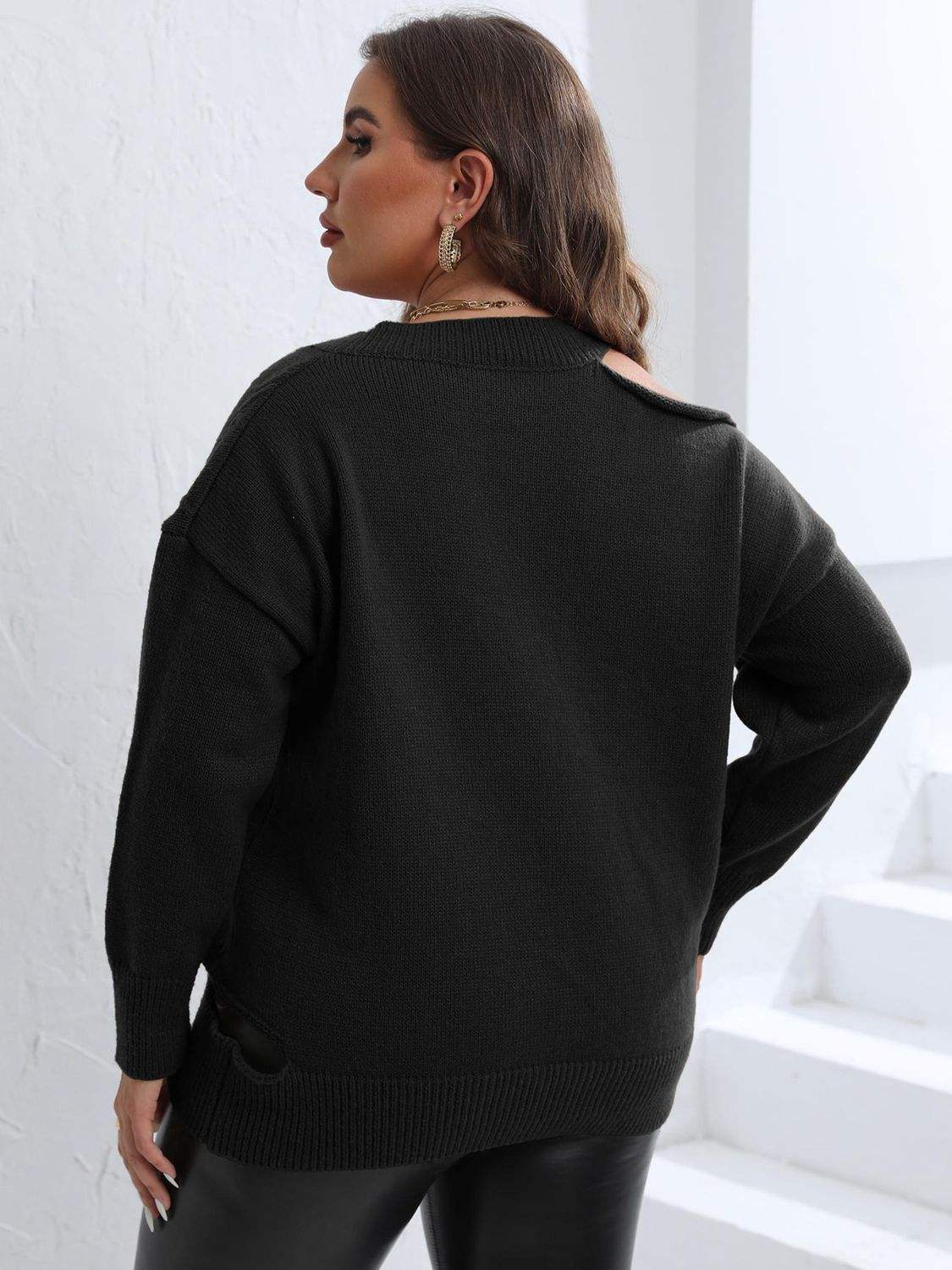 Plus Size Cutout V-Neck Sweater - Trendsi - Flyclothing LLC