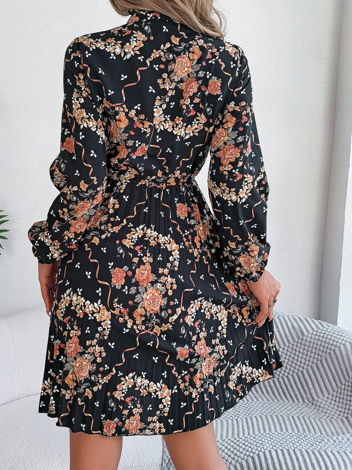 Pleated Printed Tie Neck Long Sleeve Dress - Trendsi
