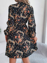 Pleated Printed Tie Neck Long Sleeve Dress - Trendsi - Flyclothing LLC