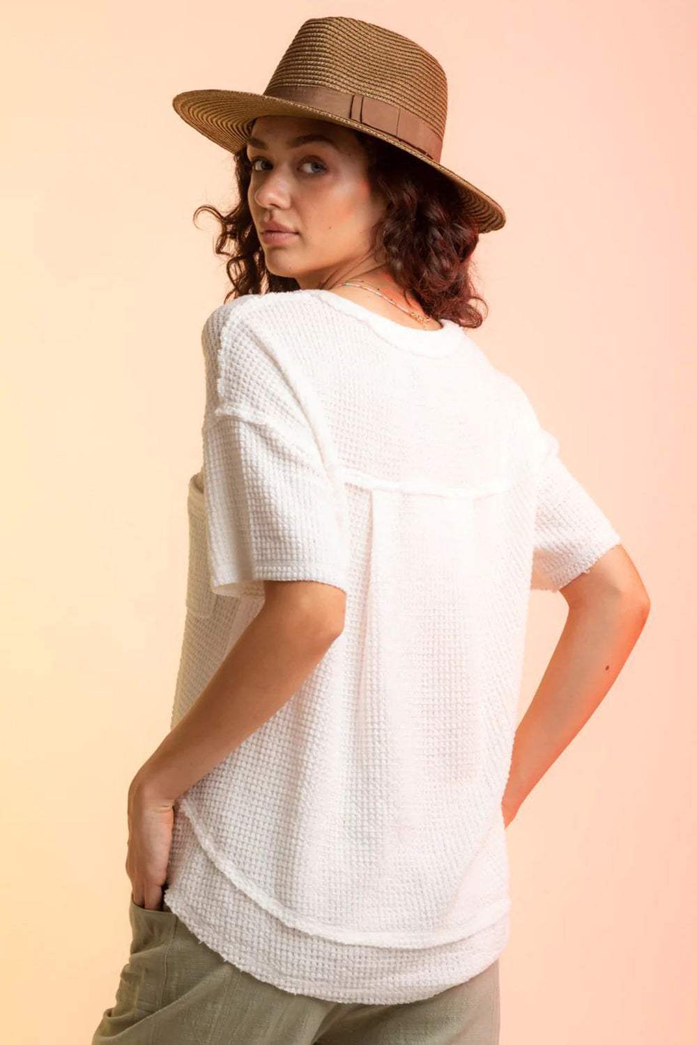 Waffle-Knit Notched Half Sleeve T-Shirt - Trendsi - Flyclothing LLC