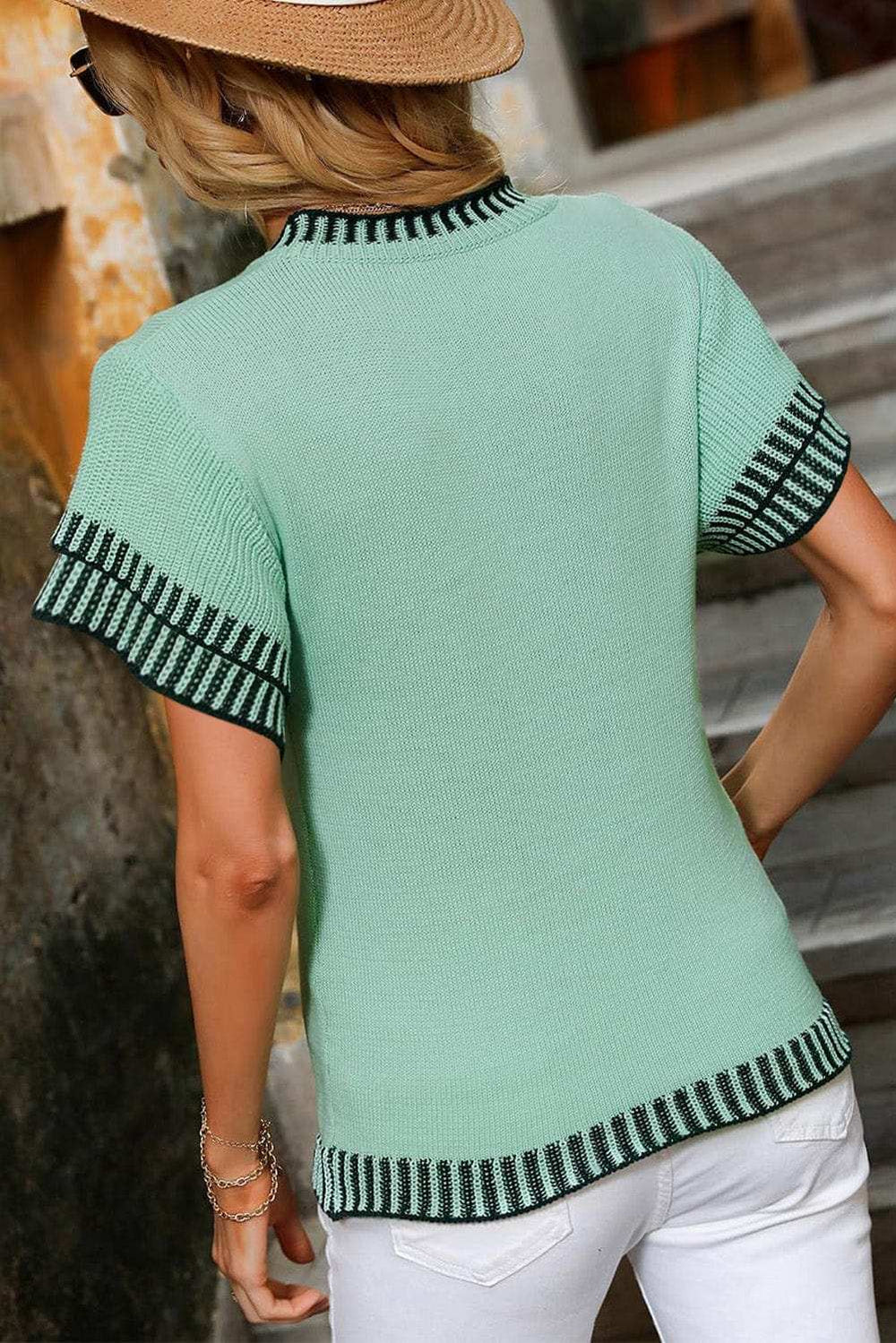 Round Neck Short Sleeve Knit Top - Trendsi - Flyclothing LLC