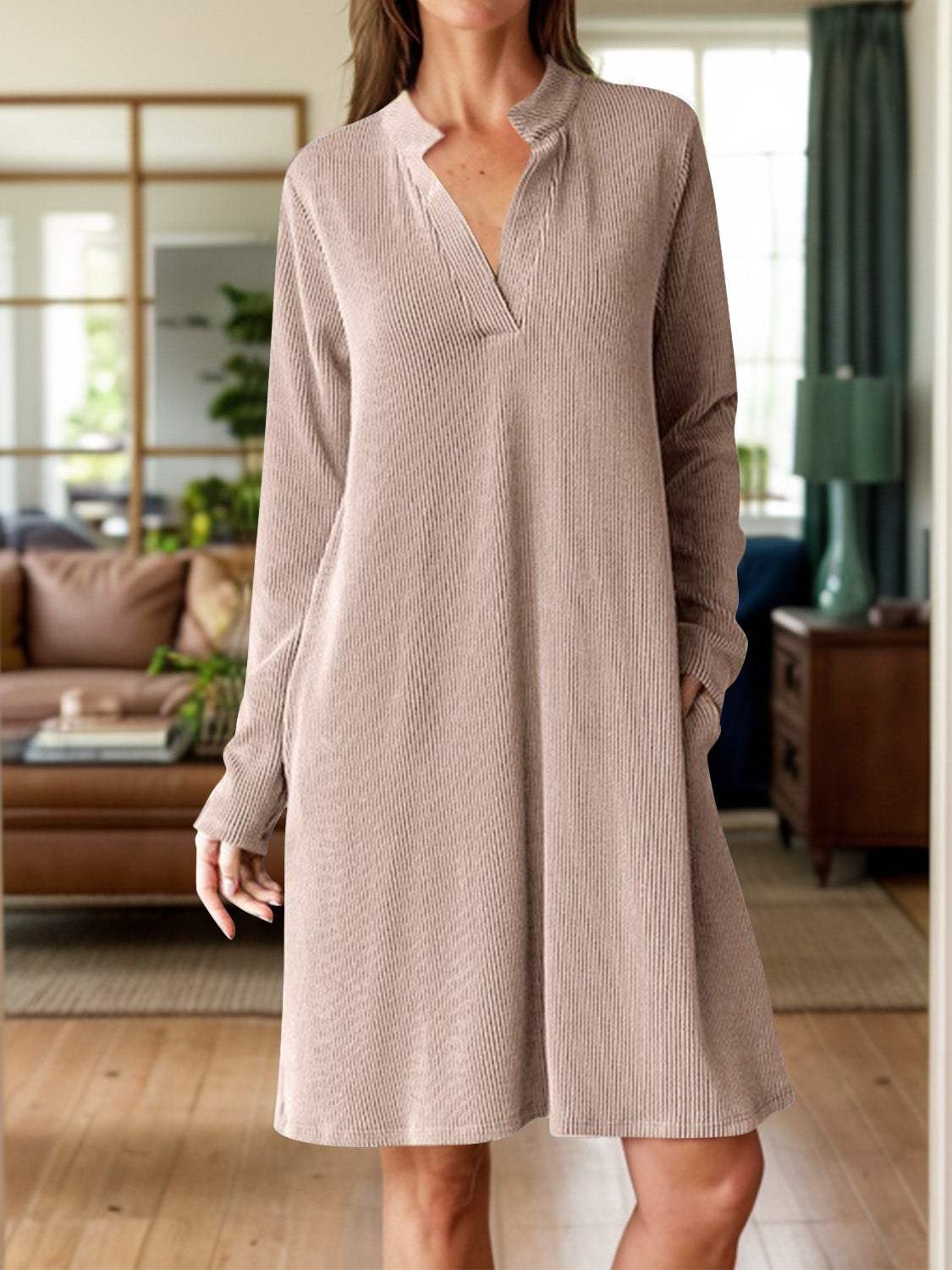 Notched Long Sleeve Mini Dress with Pockets - Trendsi - Flyclothing LLC
