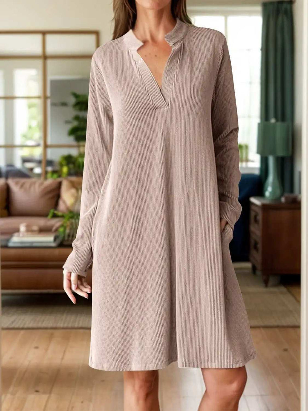 Notched Long Sleeve Mini Dress with Pockets - Trendsi - Flyclothing LLC