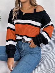 Color Block Asymmetrical Neck Long Sleeve Sweater - Trendsi