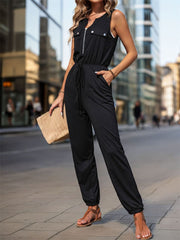 Half Zip Sleeveless Jumpsuit with Pockets - Trendsi
